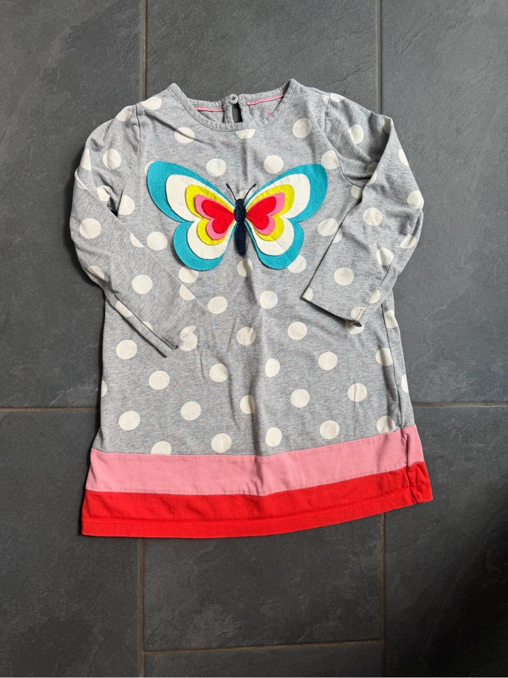 Mini Boden Gray Polka Dot Long Sleeve Dress with Multicolor Butterfly